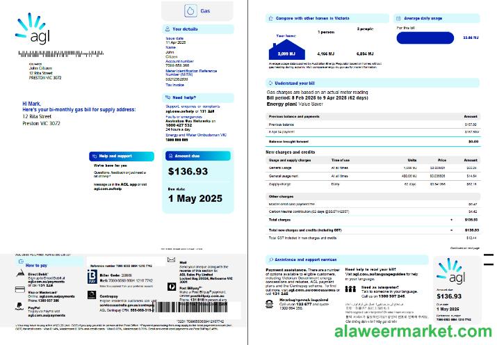 Australia AGL Gas utility bill template in Word and PDF formats, 3 pages, 1-2 page